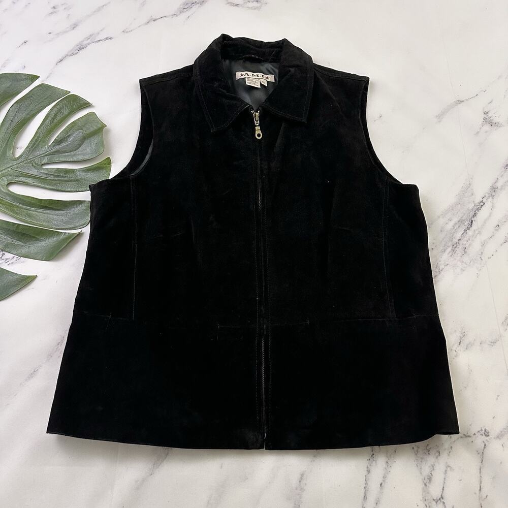 AMI Womens Vintage Y2k Suede Vest Size XL Black Zip Up Western Leather